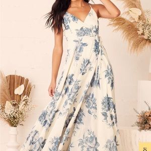 Elegantly Inclined Cream and Blue Floral Print Wrap Maxi Dress Bridesmaids